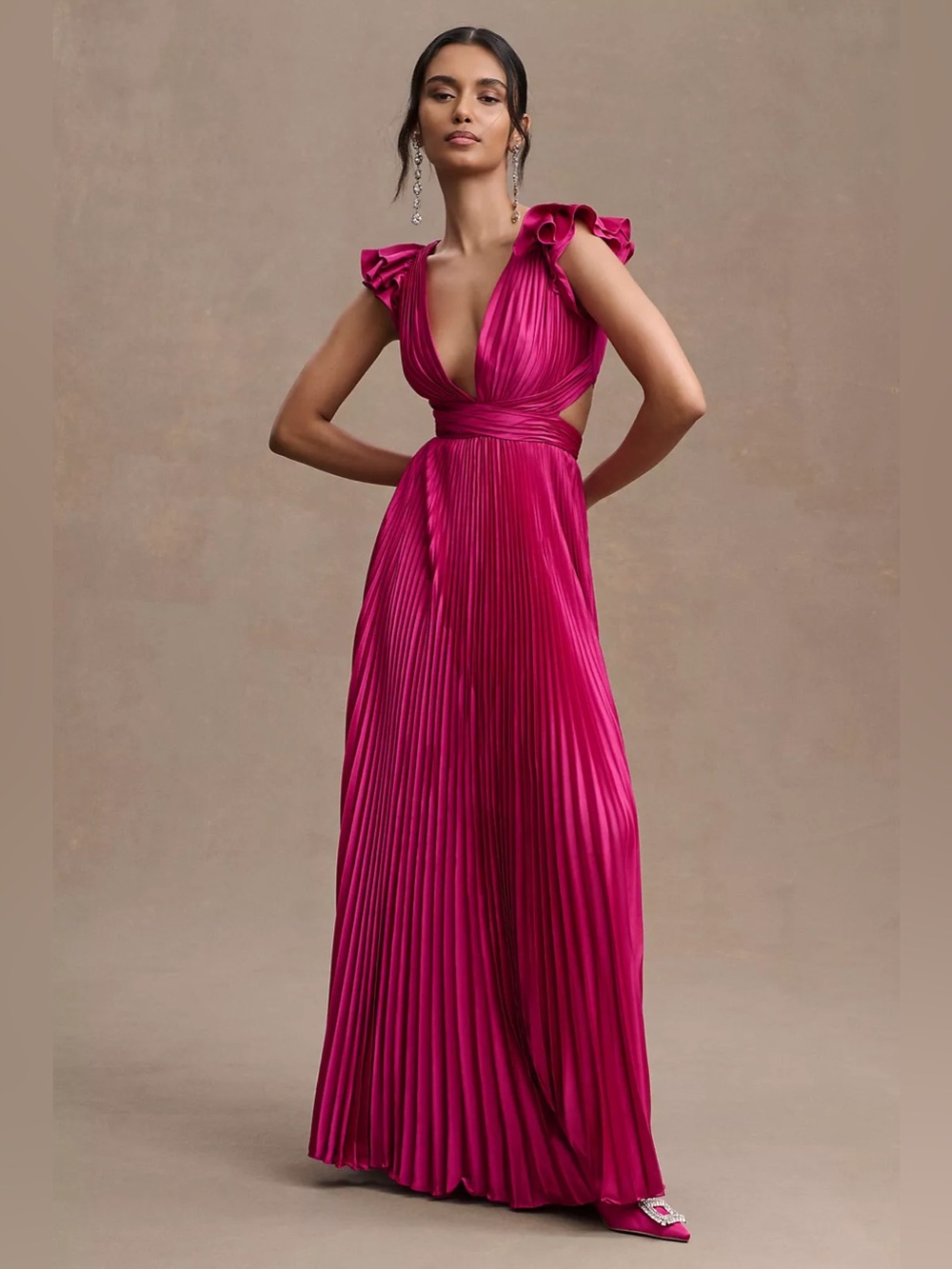 Mac Duggal Pleated Flutter-Sleeve Deep-V Lace-Up Gown